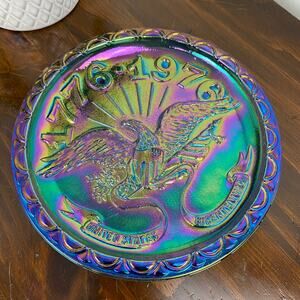 Vintage USA Bicentennial 1776-1976 Blue Iridescent Carnival Glass Indiana Glass